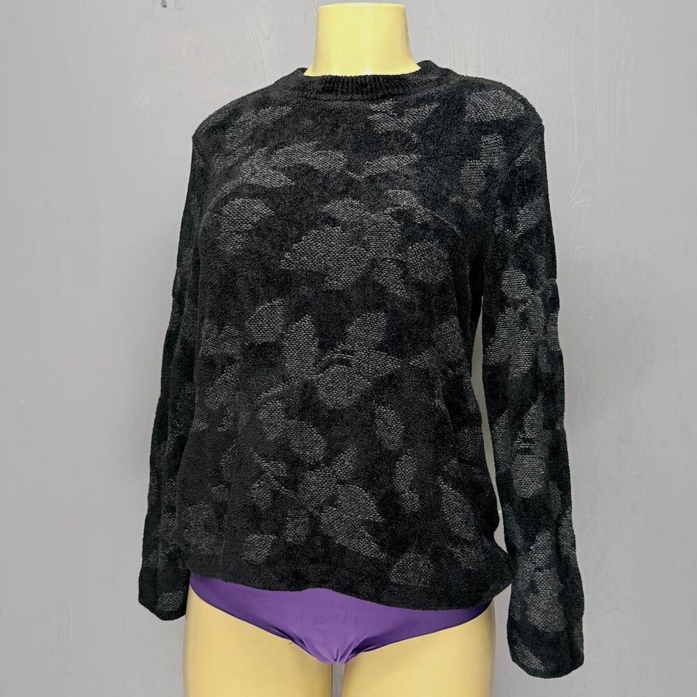 J. Jill Petite S Black Tonal Textured Floral Sweater | Soft Knit Pullover
